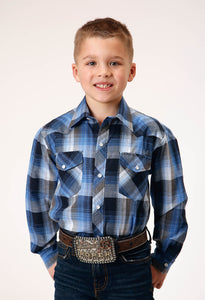 BOYS LONG SLEEVE SNAP BLUE BLACK WHITE PLAID WESTERN SHIRT