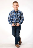 BOYS LONG SLEEVE SNAP BLUE BLACK WHITE PLAID WESTERN SHIRT