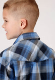 BOYS LONG SLEEVE SNAP BLUE BLACK WHITE PLAID WESTERN SHIRT