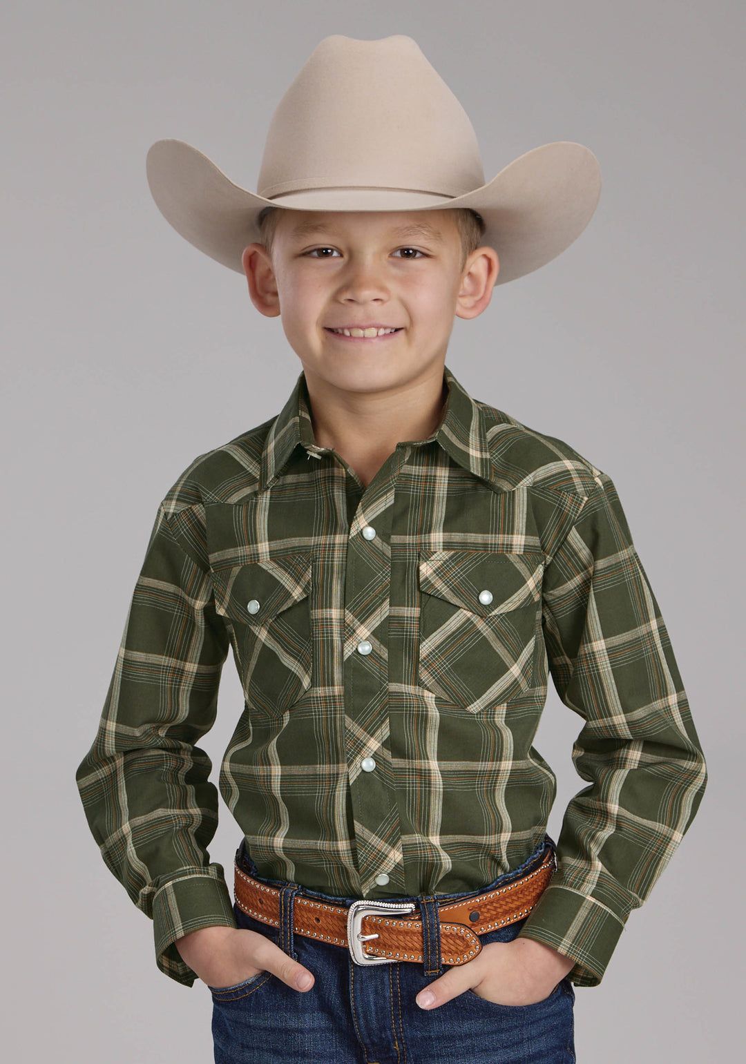 BOYS OLIVE CREAM AND ORANGE PLAID LONG SLEEVE SNAP WESTERN SHIRT