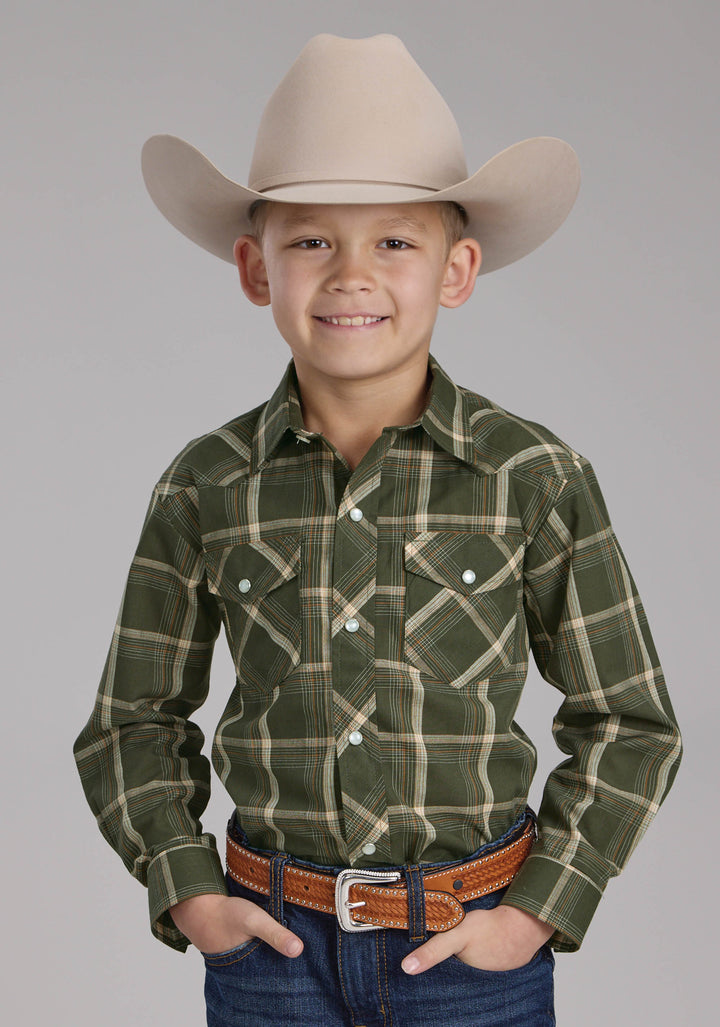 BOYS OLIVE CREAM AND ORANGE PLAID LONG SLEEVE SNAP WESTERN SHIRT