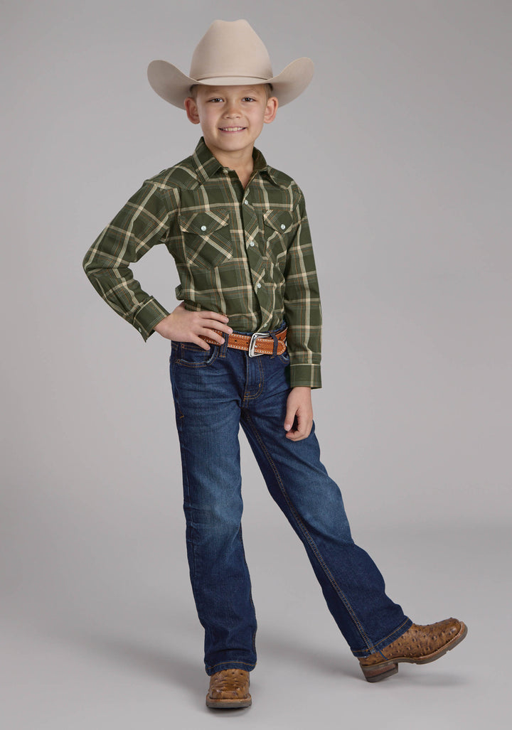 BOYS OLIVE CREAM AND ORANGE PLAID LONG SLEEVE SNAP WESTERN SHIRT