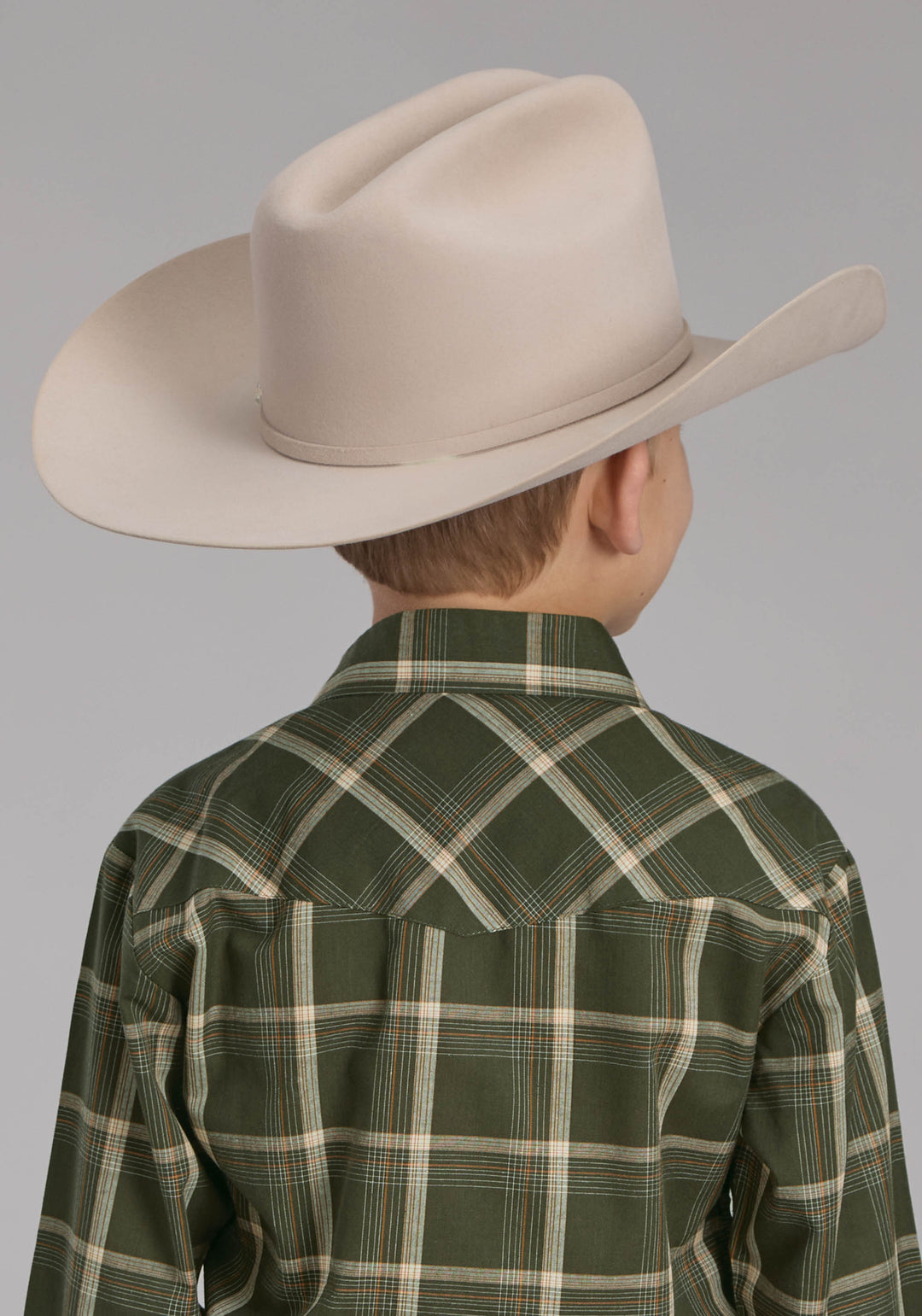 BOYS OLIVE CREAM AND ORANGE PLAID LONG SLEEVE SNAP WESTERN SHIRT