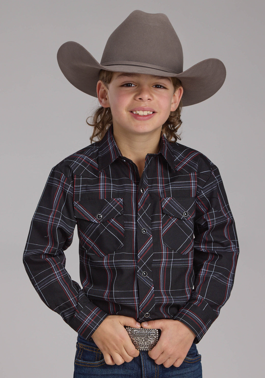BOYS BLACK GRAY AND RED PLAID LONG SLEEVE SNAP WESTERN SHIRT