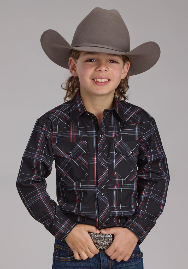 BOYS BLACK GRAY AND RED PLAID LONG SLEEVE SNAP WESTERN SHIRT