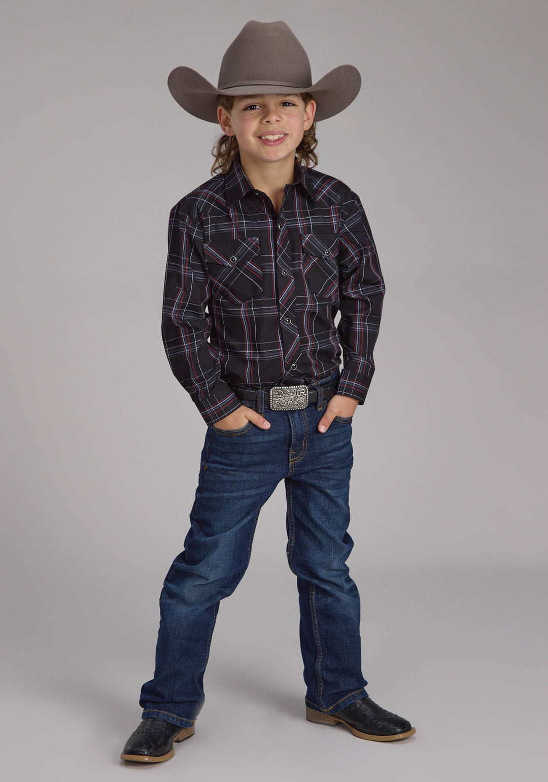 BOYS BLACK GRAY AND RED PLAID LONG SLEEVE SNAP WESTERN SHIRT