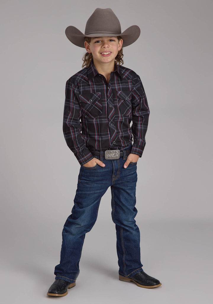 BOYS BLACK GRAY AND RED PLAID LONG SLEEVE SNAP WESTERN SHIRT
