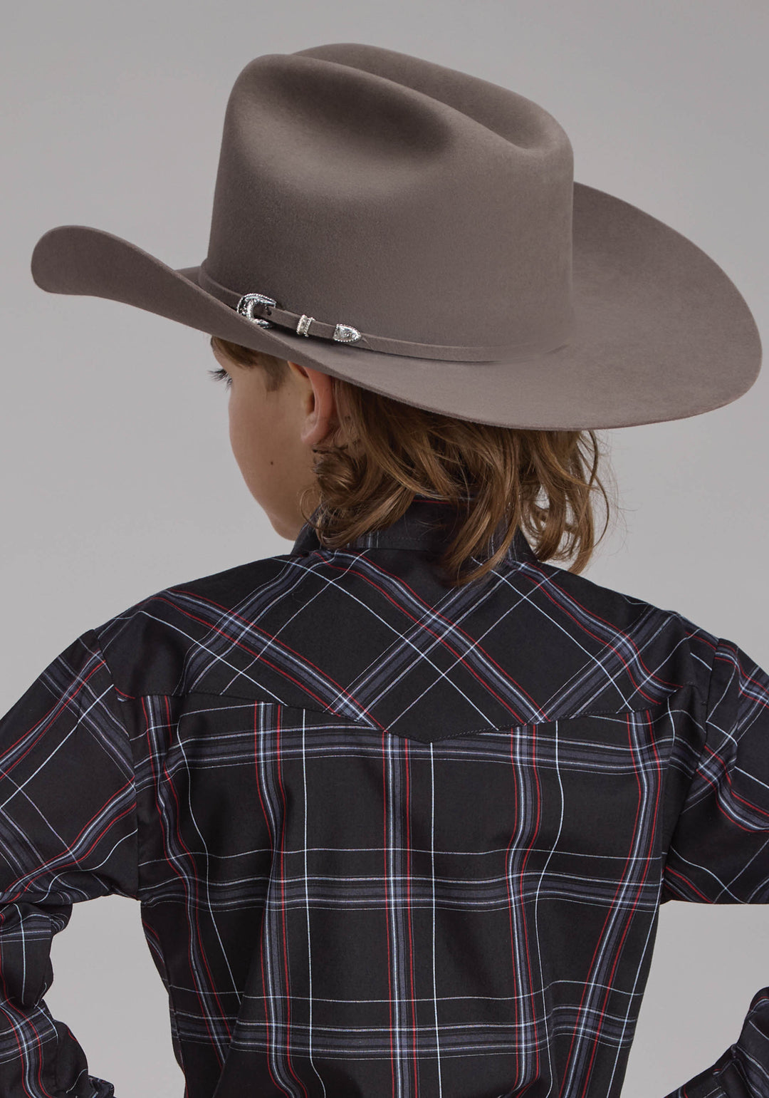 BOYS BLACK GRAY AND RED PLAID LONG SLEEVE SNAP WESTERN SHIRT