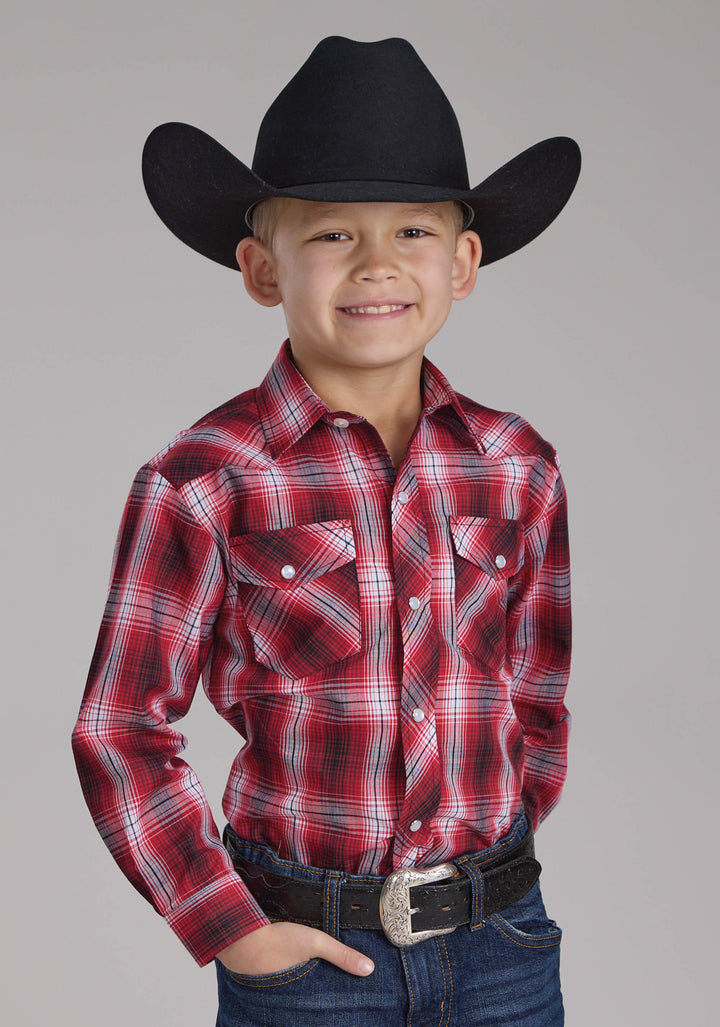 BOYS RED WHITE AND BLACK PLAID LONG SLEEVE SNAP WESTERN SHIRT