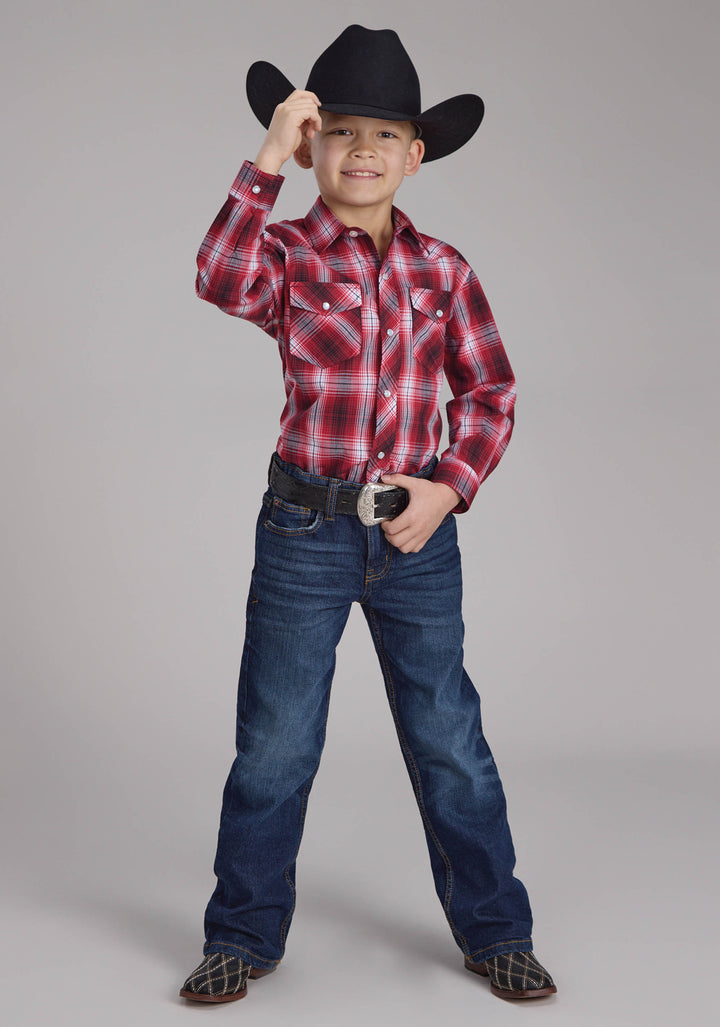 BOYS RED WHITE AND BLACK PLAID LONG SLEEVE SNAP WESTERN SHIRT