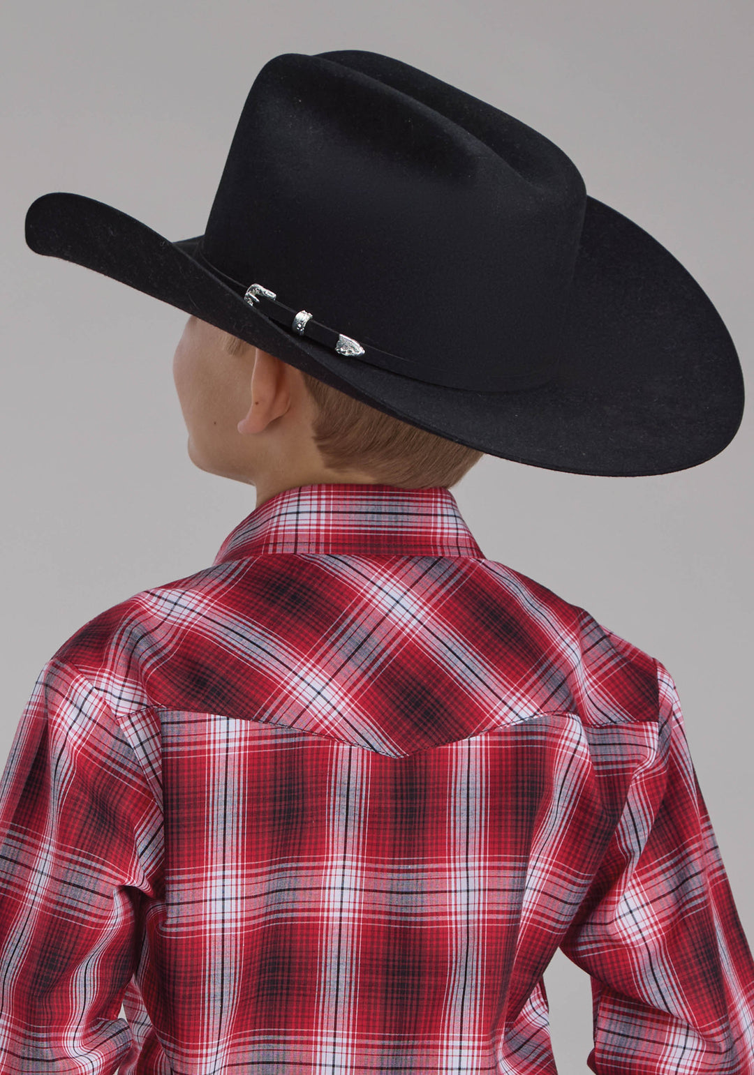 BOYS RED WHITE AND BLACK PLAID LONG SLEEVE SNAP WESTERN SHIRT