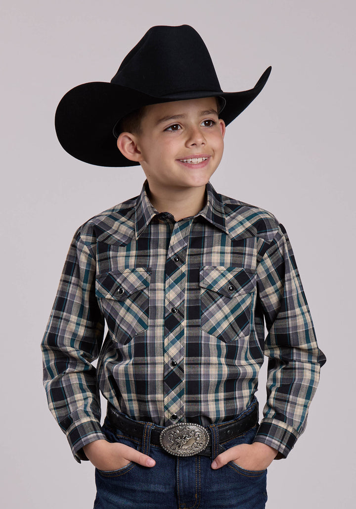 BOYS LONG SLEEVE SNAP FORREST BLACK TAN PLAID WESTERN SHIRT