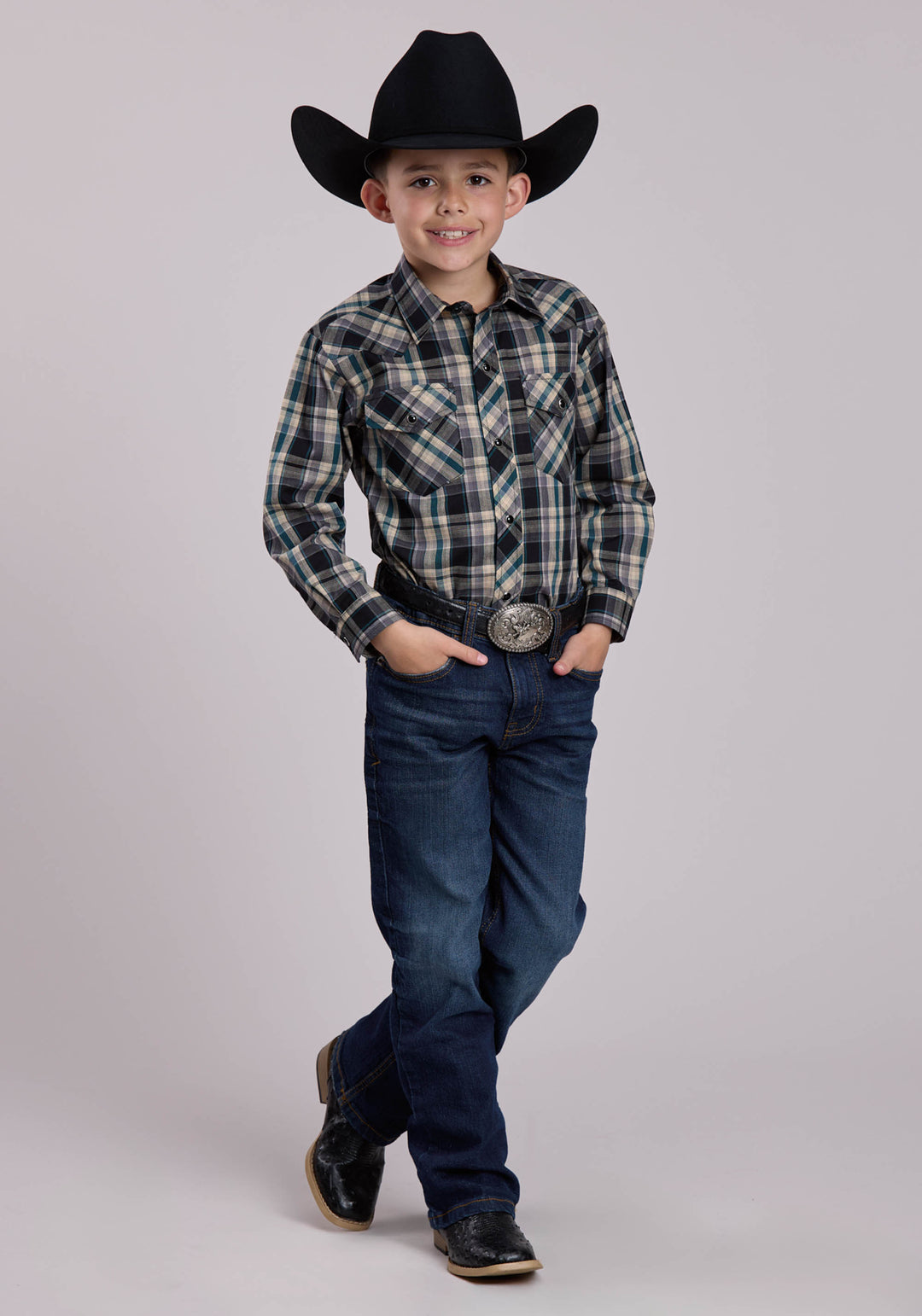 BOYS LONG SLEEVE SNAP FORREST BLACK TAN PLAID WESTERN SHIRT