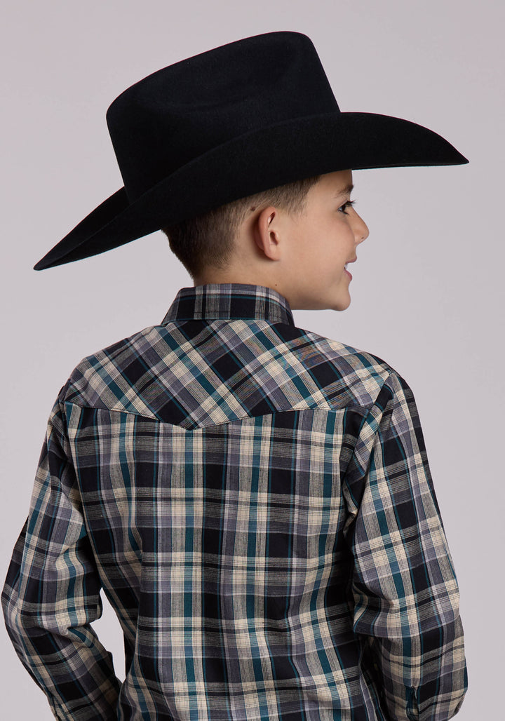 BOYS LONG SLEEVE SNAP FORREST BLACK TAN PLAID WESTERN SHIRT