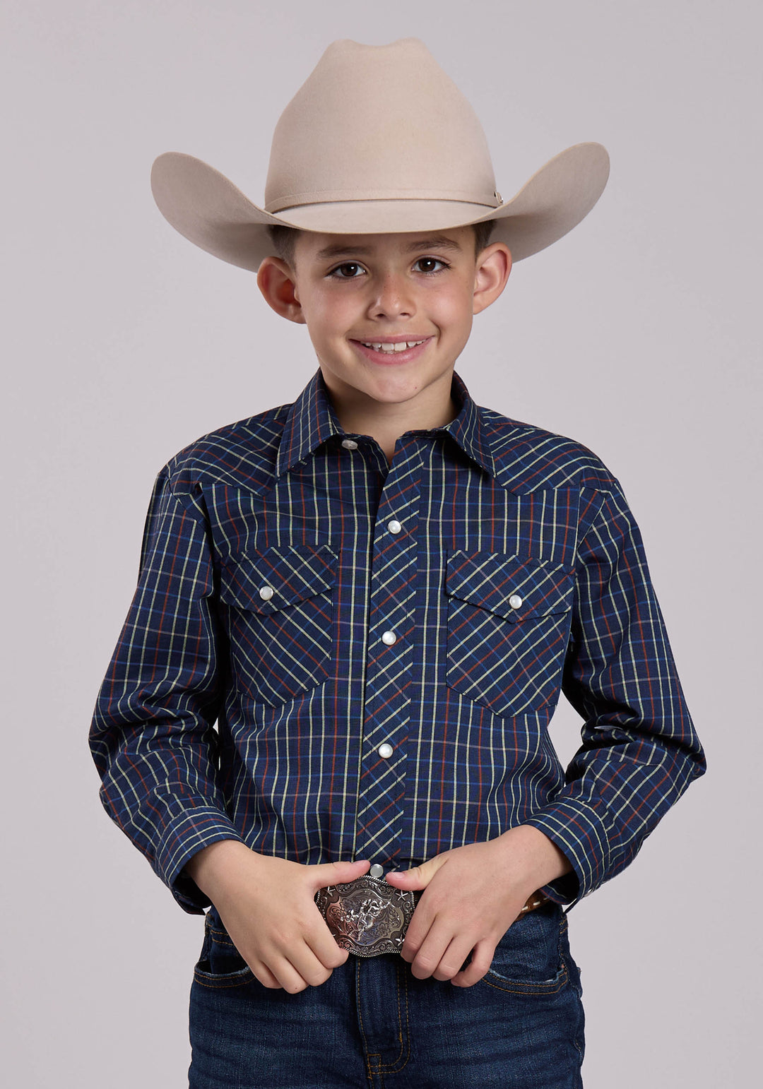 BOYS LONG SLEEVE SNAP BLUE RUST YELLOW WINDOWPANE PLAID WESTERN SHIRT