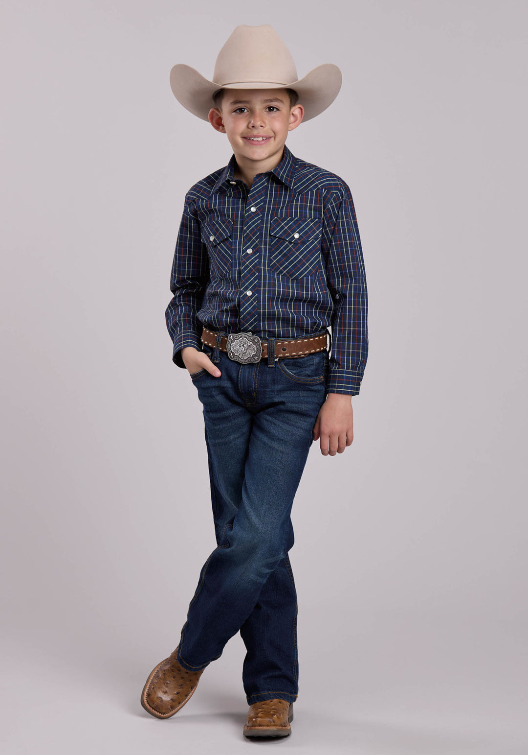 BOYS LONG SLEEVE SNAP BLUE RUST YELLOW WINDOWPANE PLAID WESTERN SHIRT