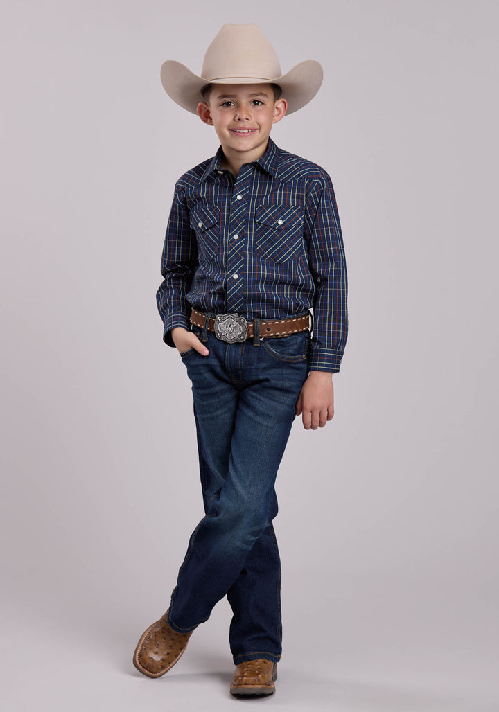 BOYS LONG SLEEVE SNAP BLUE RUST YELLOW WINDOWPANE PLAID WESTERN SHIRT