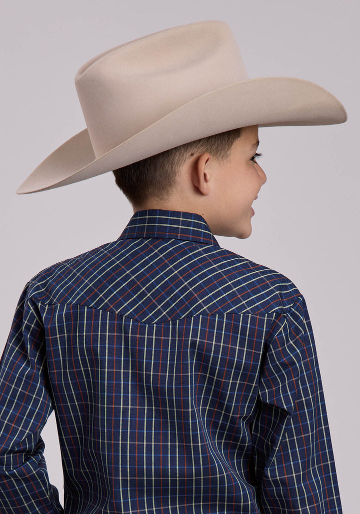 BOYS LONG SLEEVE SNAP BLUE RUST YELLOW WINDOWPANE PLAID WESTERN SHIRT