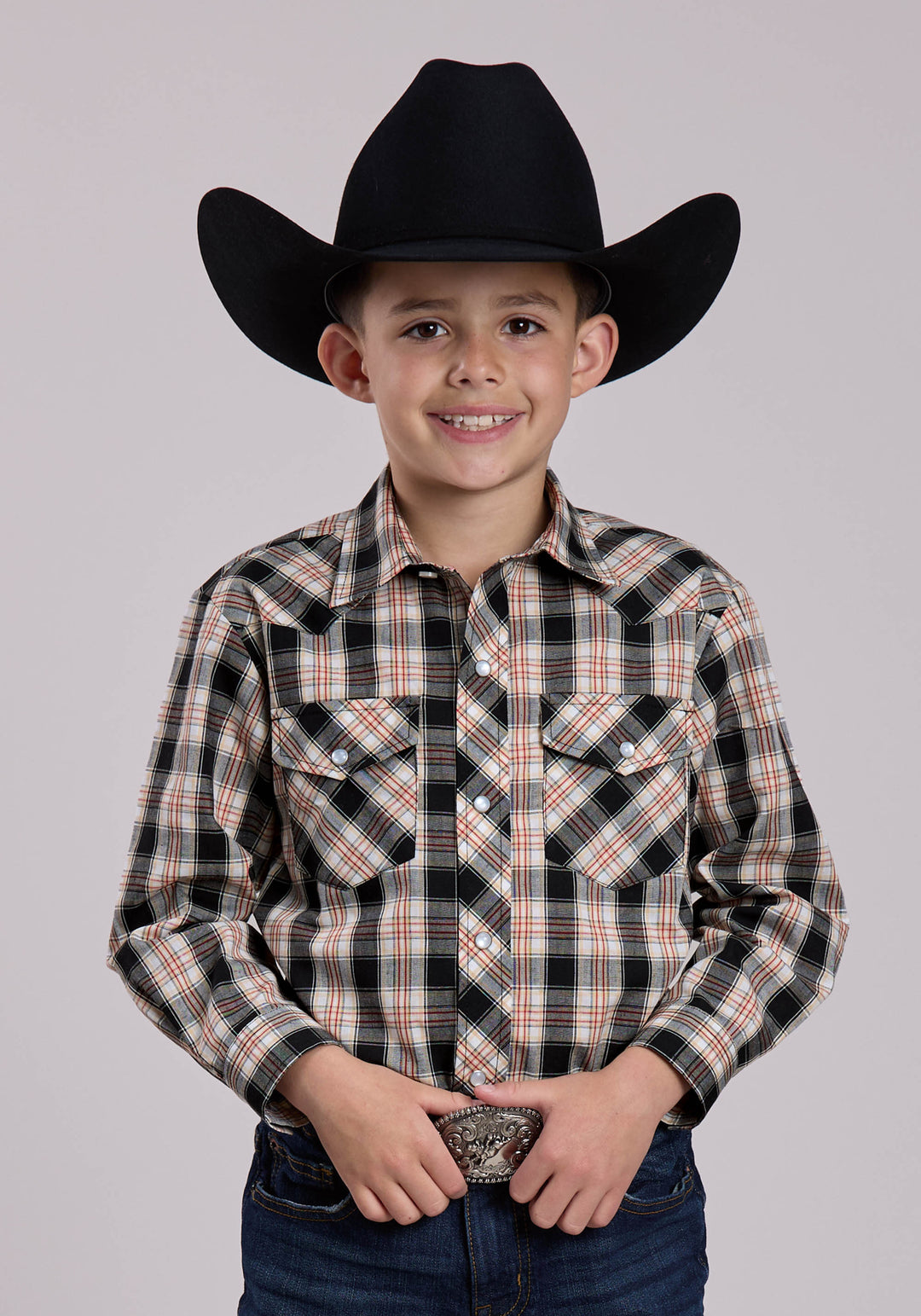 BOYS ROPER BLACK WHITE  TAN PLAID LONG SLEEVE SNAP SHIRT