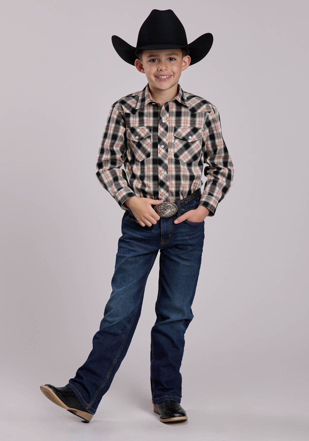 BOYS ROPER BLACK WHITE  TAN PLAID LONG SLEEVE SNAP SHIRT