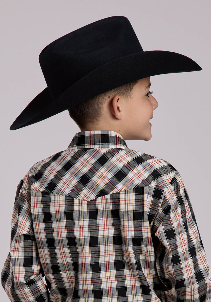 BOYS ROPER BLACK WHITE  TAN PLAID LONG SLEEVE SNAP SHIRT