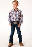 BOYS LONG SLEEVE SNAP WINE  NAVY  WHITE PLAID WESTERN SHIRT