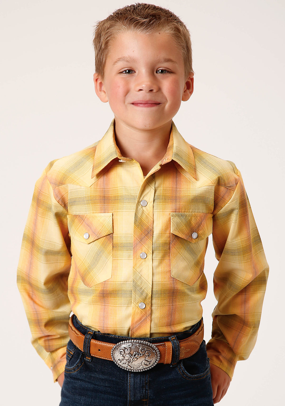 BOYS LONG SLEEVE SNAP YELLOW AND TANGERINE PLAID WESTERN SHIRT
