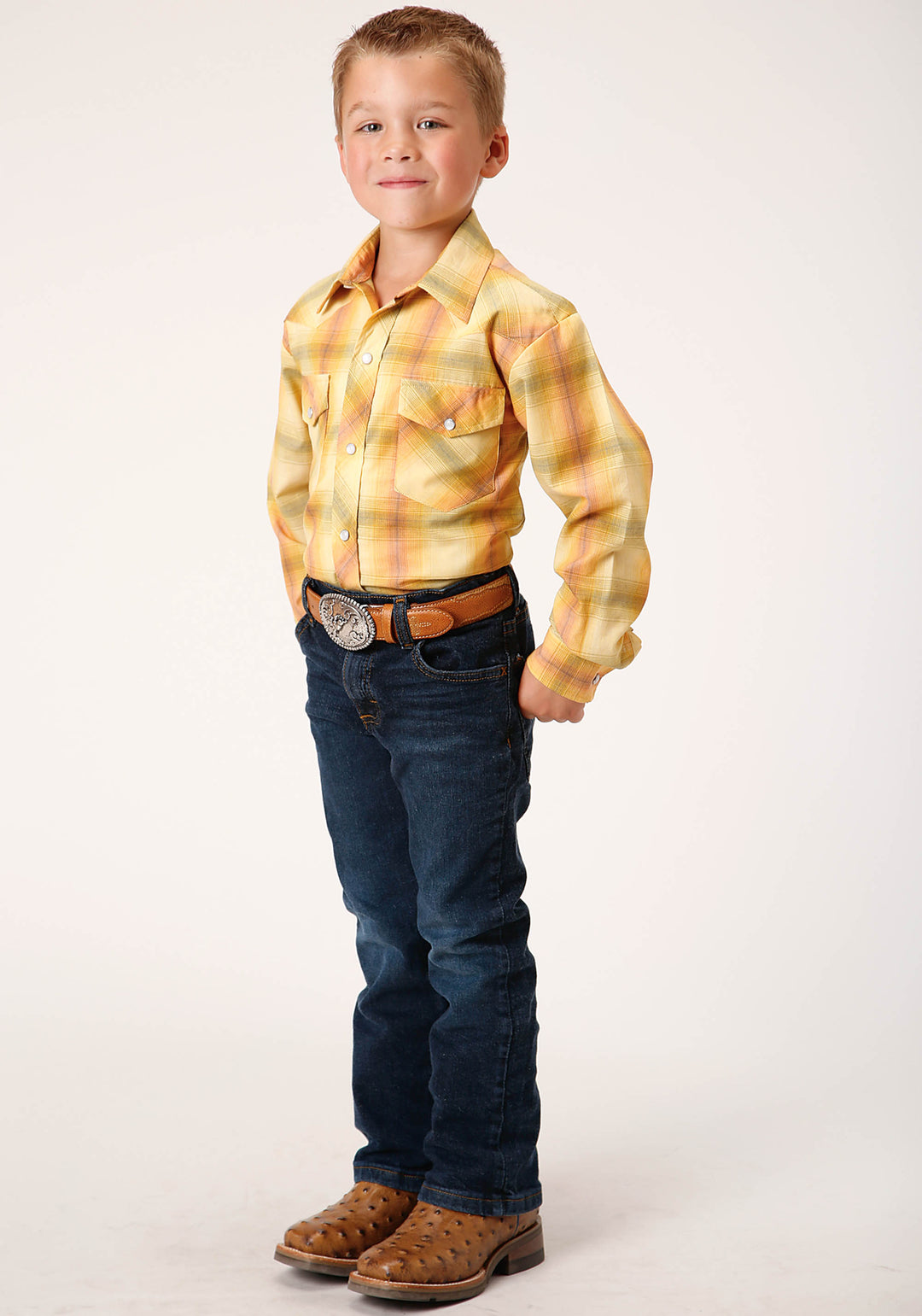 BOYS LONG SLEEVE SNAP YELLOW AND TANGERINE PLAID WESTERN SHIRT