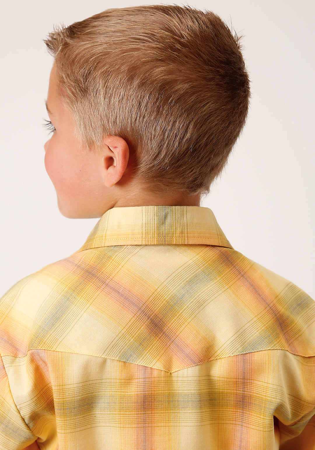 BOYS LONG SLEEVE SNAP YELLOW AND TANGERINE PLAID WESTERN SHIRT