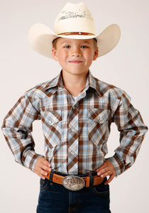 BOYS LONG SLEEVE SNAP BROWN  BLUE AND WHITE PLAID WESTERN SHIRT