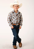 BOYS LONG SLEEVE SNAP BROWN  BLUE AND WHITE PLAID WESTERN SHIRT