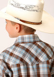 BOYS LONG SLEEVE SNAP BROWN  BLUE AND WHITE PLAID WESTERN SHIRT