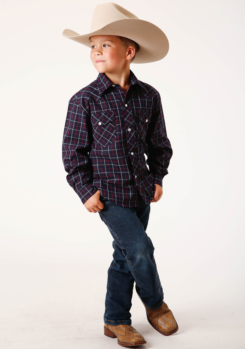 BOYS LONG SLEEVE SNAP NAVY  RED  WHITE WINDOWPANE PLAID WESTERN SHIRT