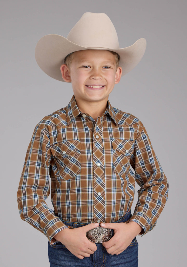 BOYS RUST PLAID LONG SLEEVE SNAP WESTERN SHIRT