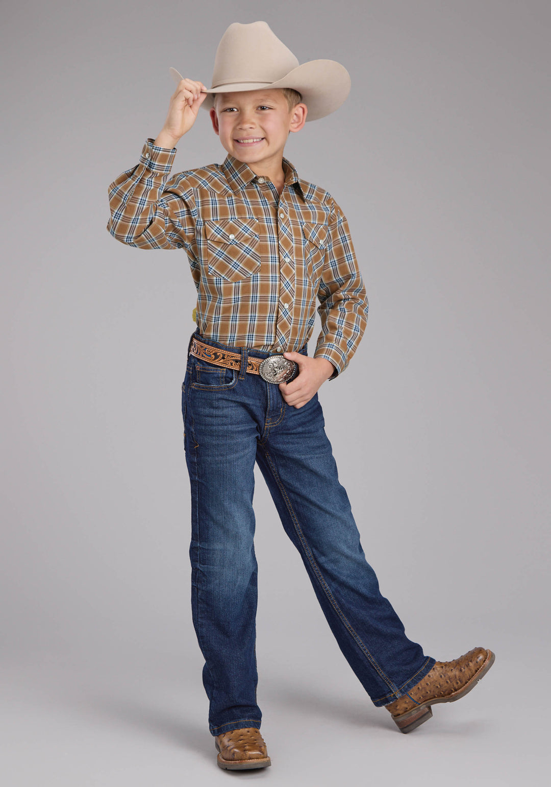BOYS RUST PLAID LONG SLEEVE SNAP WESTERN SHIRT