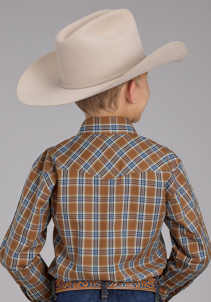 BOYS RUST PLAID LONG SLEEVE SNAP WESTERN SHIRT