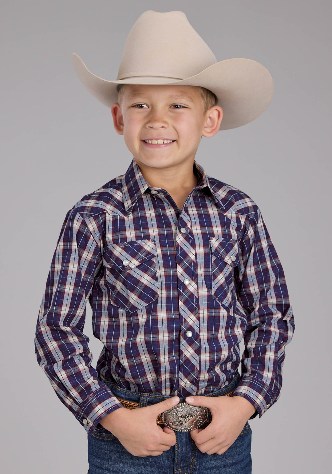BOYS BLUE MULTI PLAID LONG SLEEVE SNAP WESTERN SHIRT