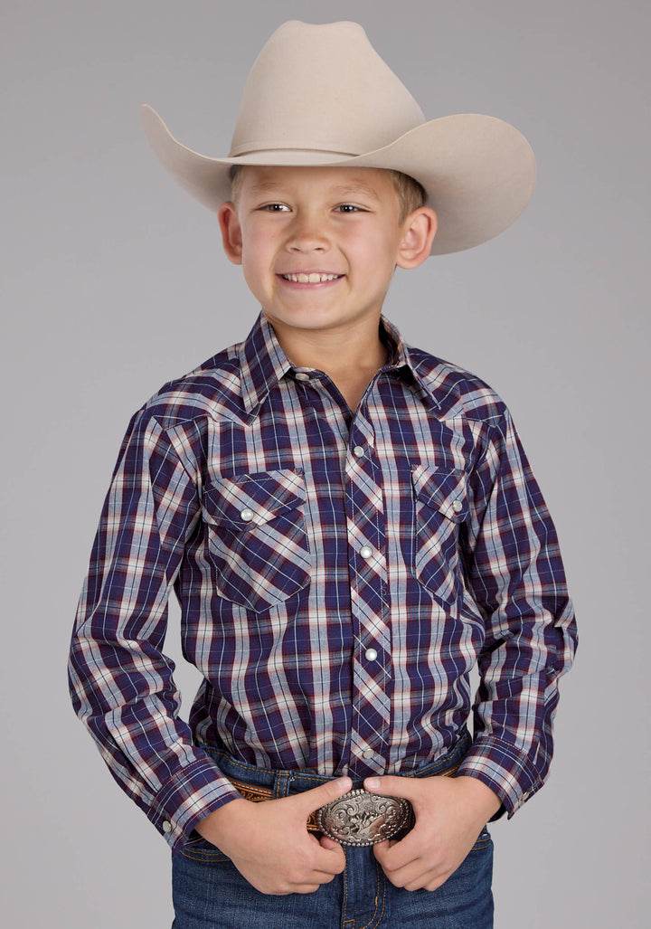 BOYS BLUE MULTI PLAID LONG SLEEVE SNAP WESTERN SHIRT