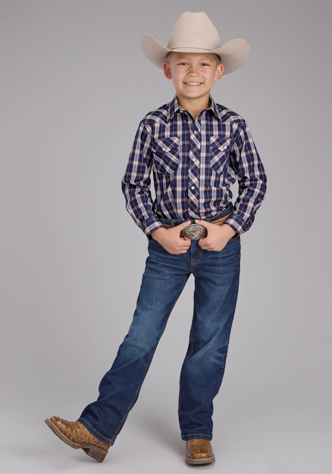 BOYS BLUE MULTI PLAID LONG SLEEVE SNAP WESTERN SHIRT