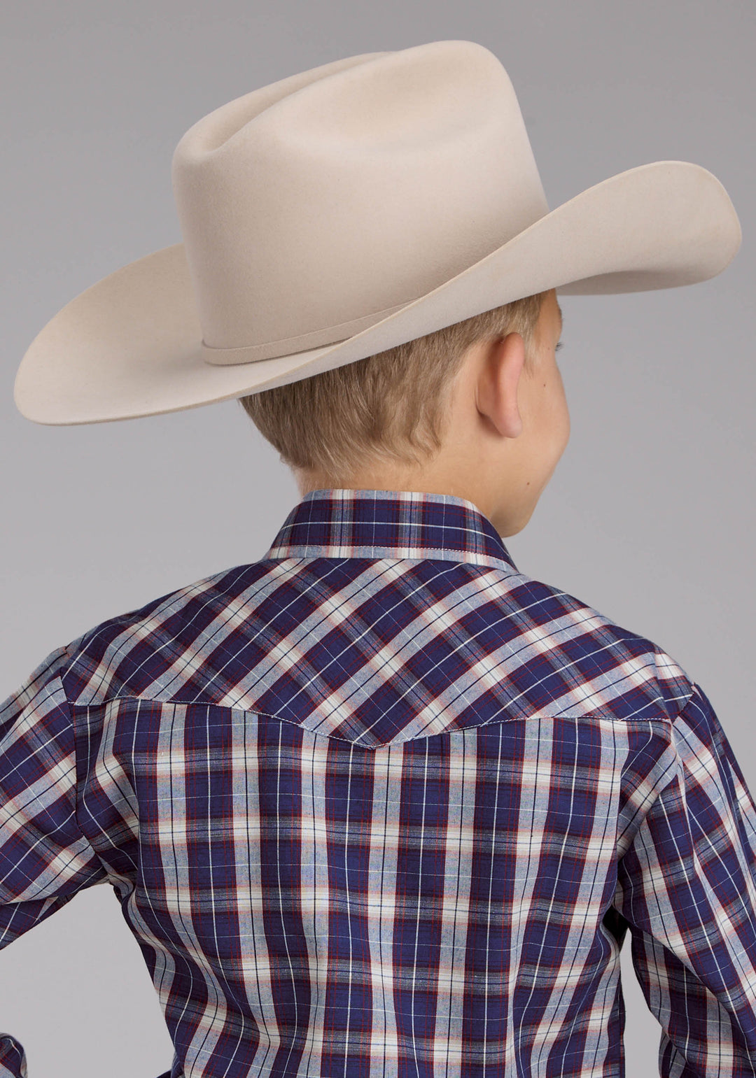 BOYS BLUE MULTI PLAID LONG SLEEVE SNAP WESTERN SHIRT