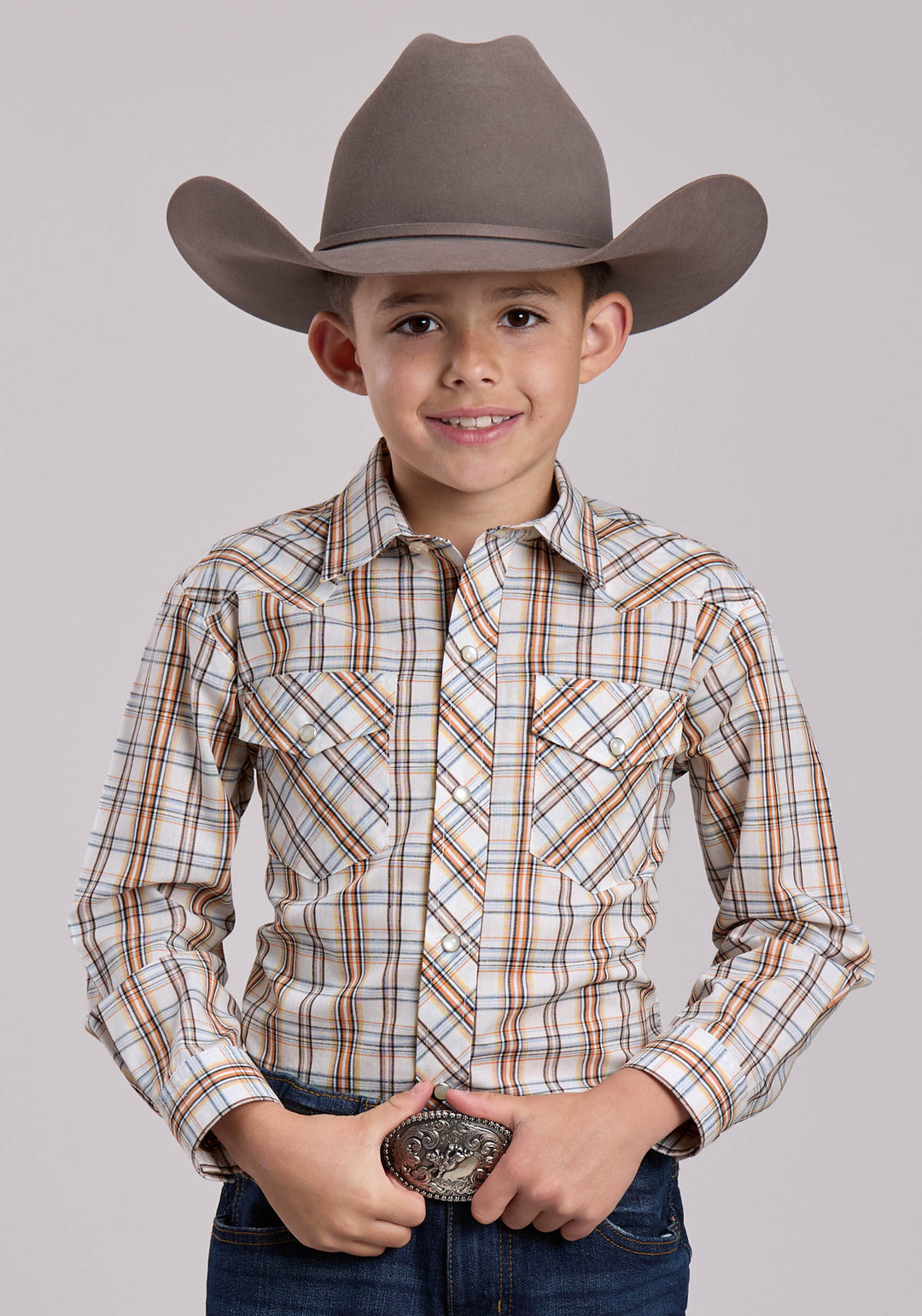 BOYS ROPER CREAM  ORANGE PLAID LONG SLEEVE SNAP SHIRT