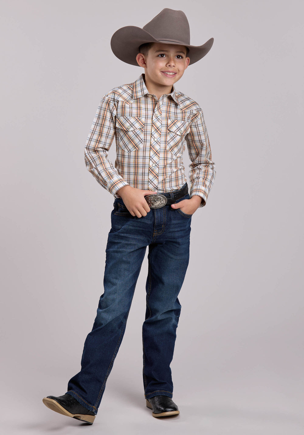 BOYS ROPER CREAM  ORANGE PLAID LONG SLEEVE SNAP SHIRT