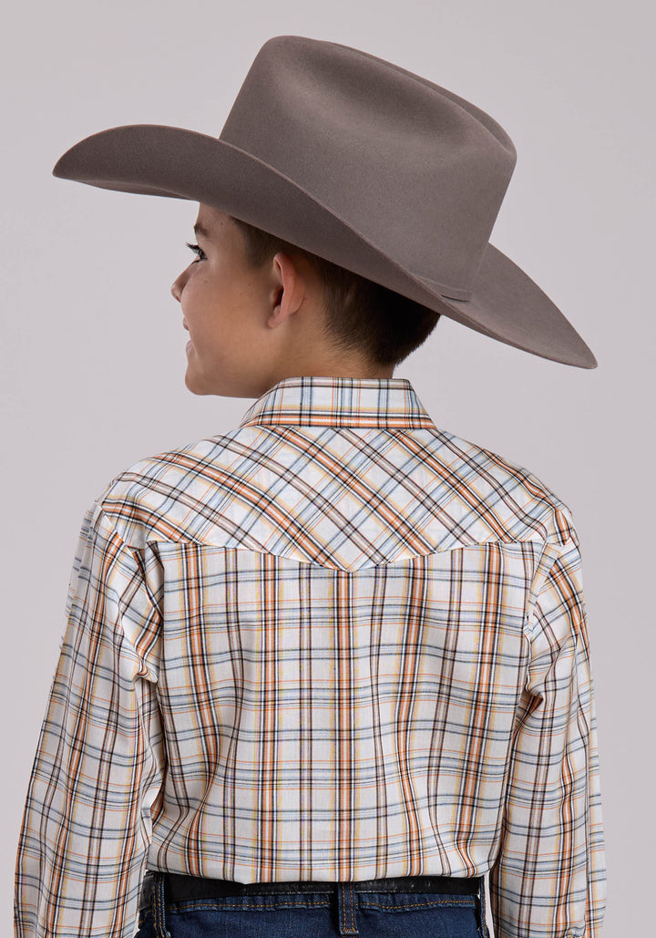 BOYS ROPER CREAM  ORANGE PLAID LONG SLEEVE SNAP SHIRT
