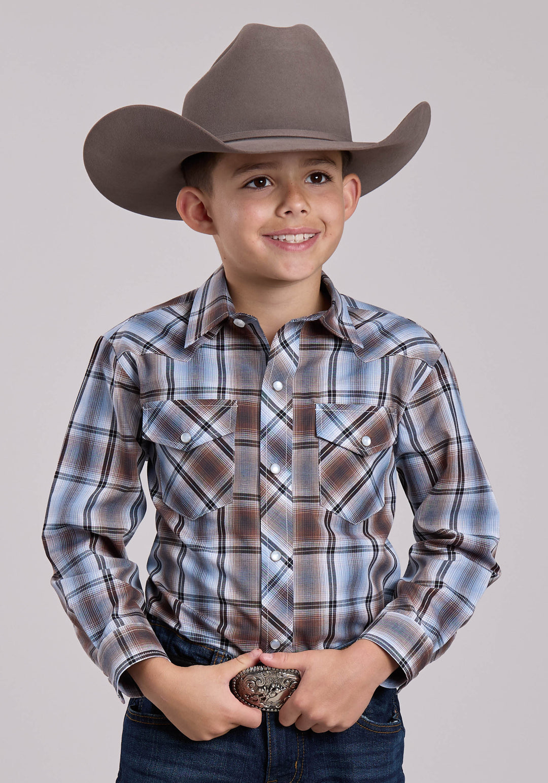 BOYS ROPER BROWN  BLUE PLAID LONG SLEEVE SNAP SHIRT