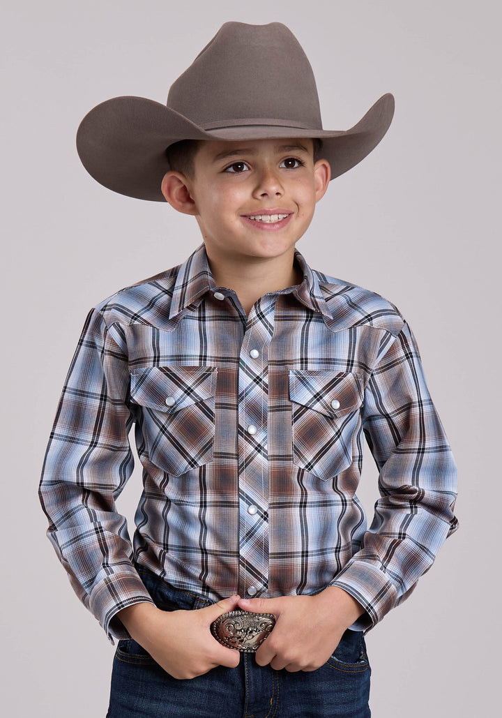 BOYS ROPER BROWN  BLUE PLAID LONG SLEEVE SNAP SHIRT