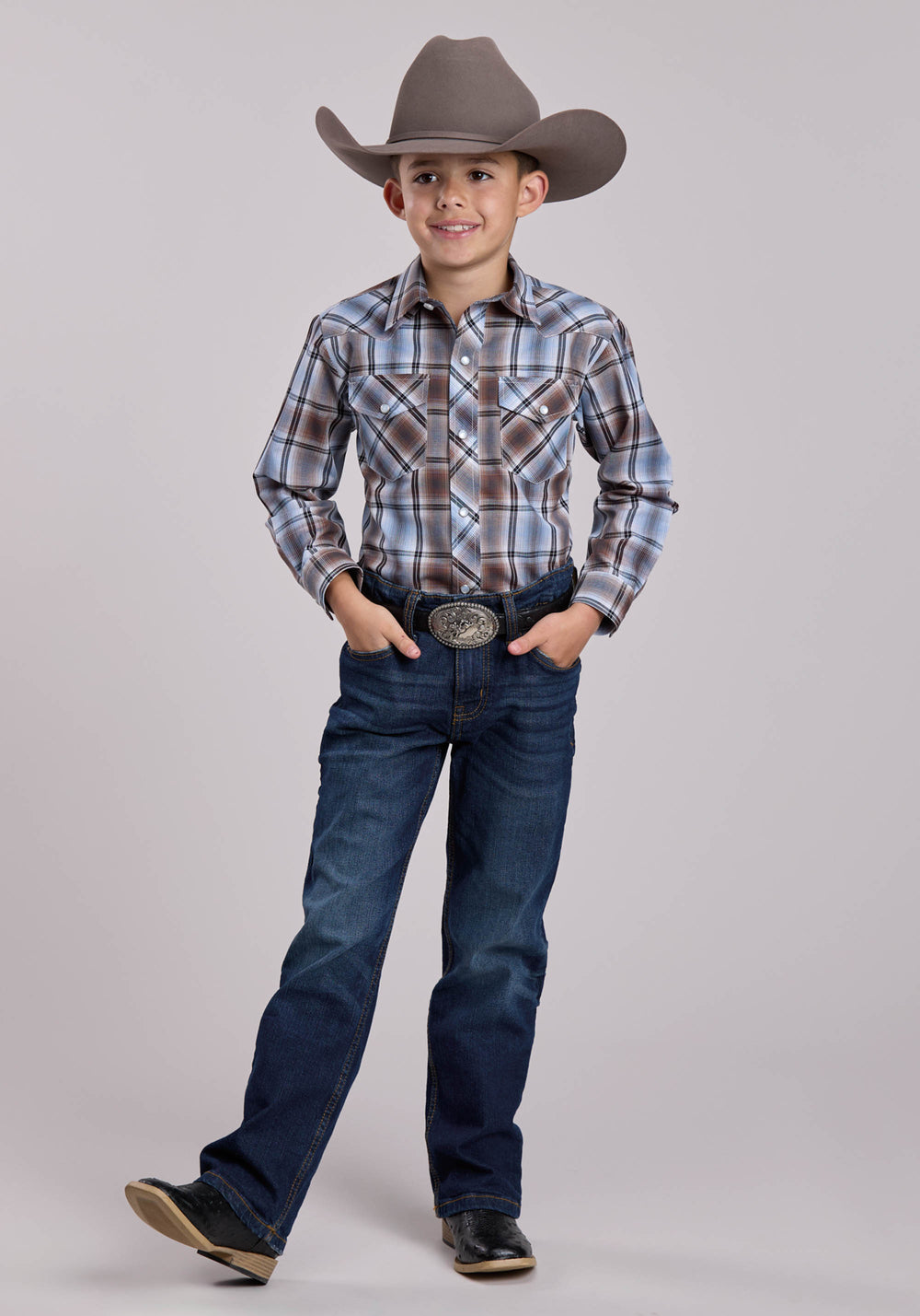 BOYS ROPER BROWN  BLUE PLAID LONG SLEEVE SNAP SHIRT