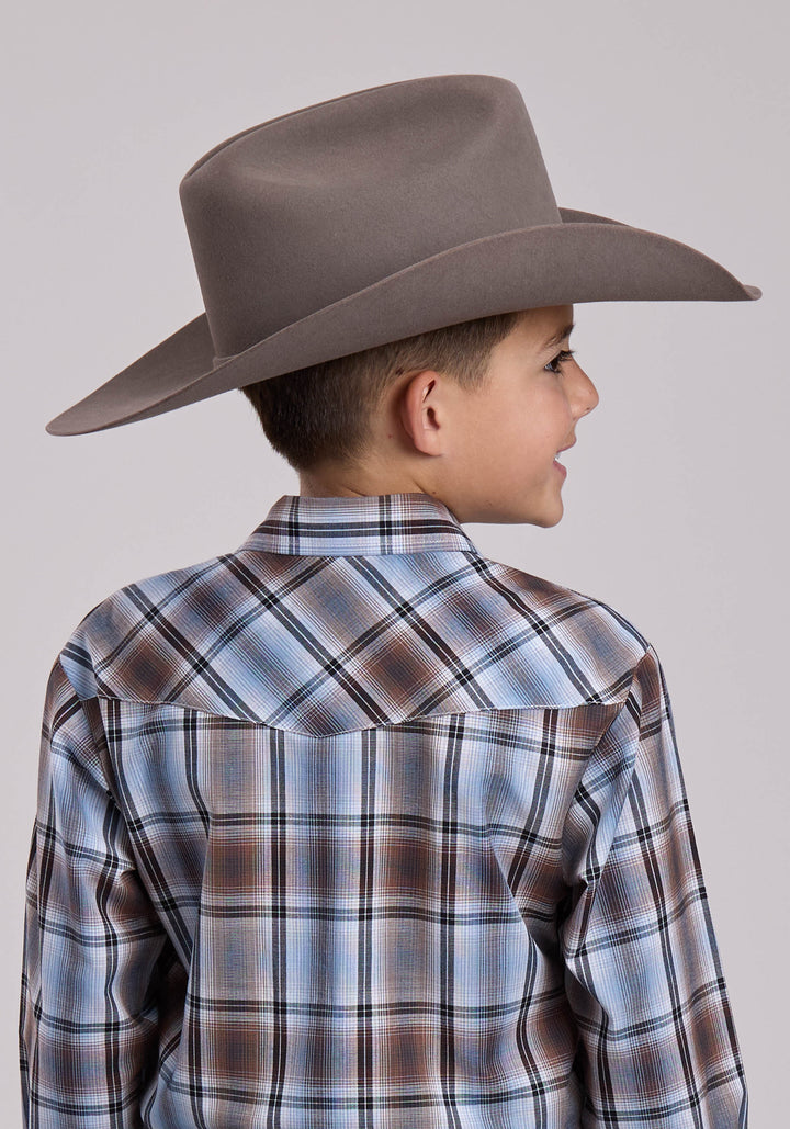 BOYS ROPER BROWN  BLUE PLAID LONG SLEEVE SNAP SHIRT