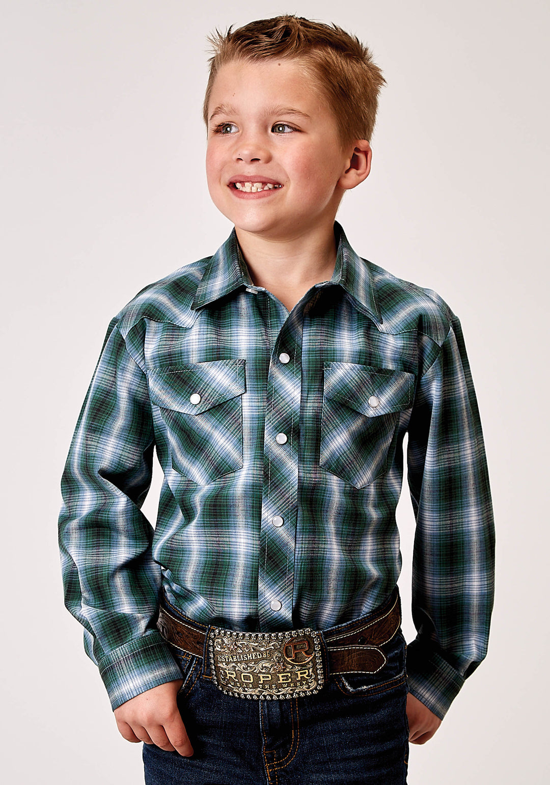 BOYS LONG SLEEVE SNAP OCEAN PLAID WESTERN SHIRT