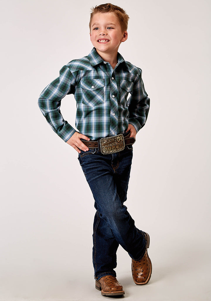 BOYS LONG SLEEVE SNAP OCEAN PLAID WESTERN SHIRT