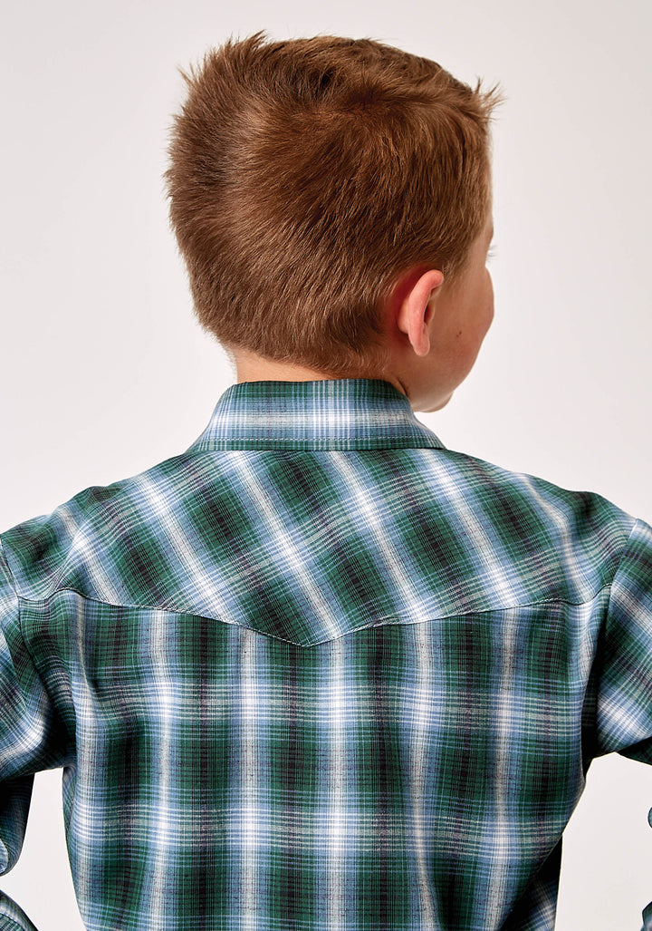 BOYS LONG SLEEVE SNAP OCEAN PLAID WESTERN SHIRT